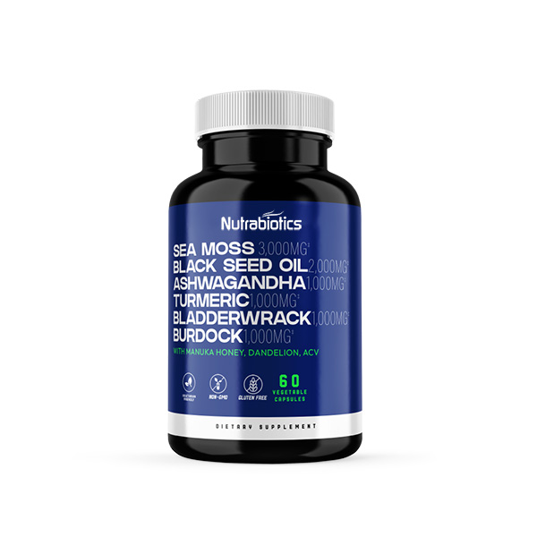 Sea Moss 3000mg* Black Seed Oil 2000mg* Ashwagandha 1000mg* Turmeric 1000mg* Bladderwrack 1000mg* Burdock 1000mg* Manuka Honey, Dandelion, ACV – Veggie Cap